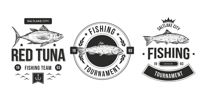 分类详细的老式钓鱼徽章收集黑白细节钓鱼徽章
