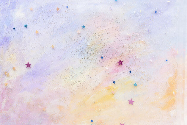 水彩画五颜六色抽象粉彩水彩背景上闪烁的星星五彩纸屑星星星形金属