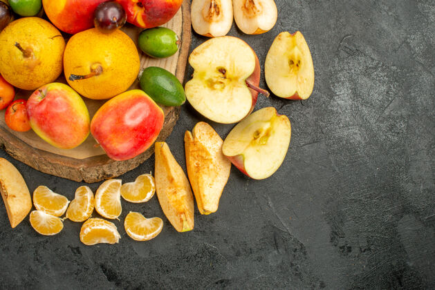 食品顶视图水果组成新鲜水果在灰色的办公桌上水果成分柑橘饮食