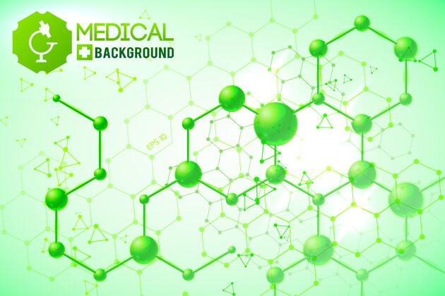 化学医学海报与原化学原子和分子结构和公式上的绿色医学海报结构