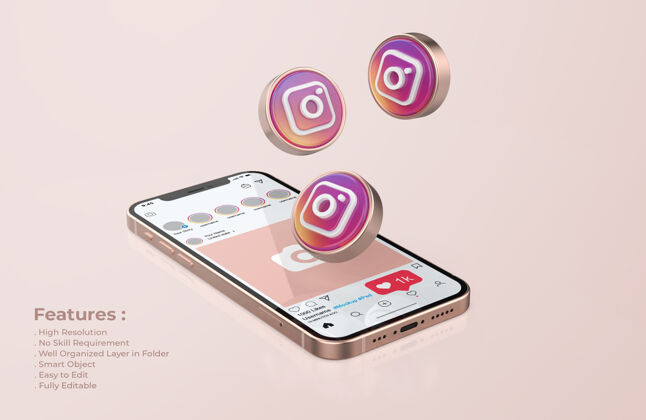 媒体Instagram上的玫瑰金手机模型喜欢屏幕Psd