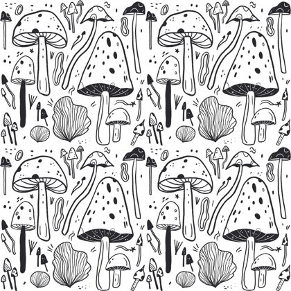 单色雕刻手绘蘑菇图案手绘图案真菌