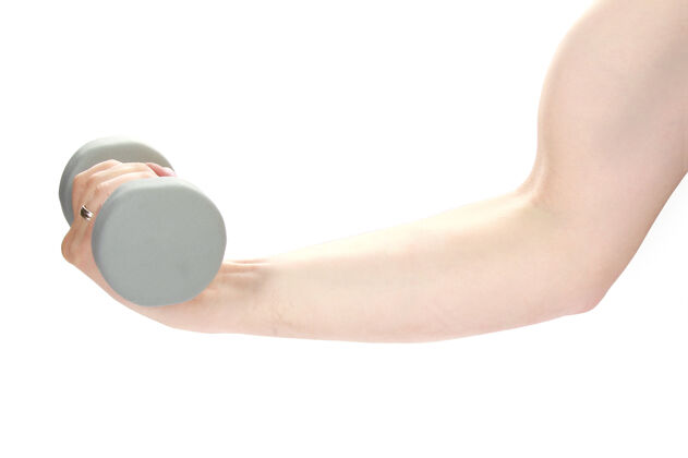 握手做哑铃重量隔离在白墙上的练习健身房身体强壮