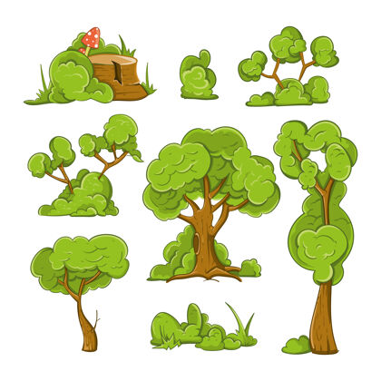 蔬菜卡通树和灌木矢量集植物树 灌木和绿树 森林树插图茎蘑菇绿色
