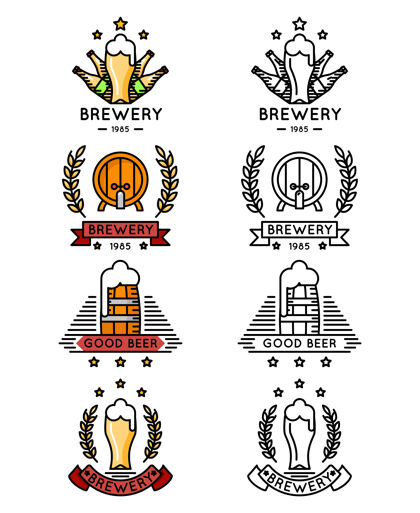 优雅啤酒细线标志集啤酒标志与马克杯和瓶子 小桶和啤酒桶集啤酒厂花环马克杯