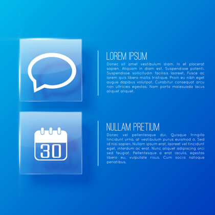 信息业务演示中的蓝色页面包含两个重要段落和两个图标纹理样本文本信息