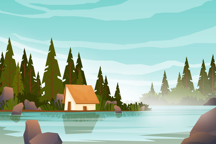 游客农舍靠近森林区的大湖边 清晨日出 山水自然背景 水山石海 横向夏令营理念日落旅游季节