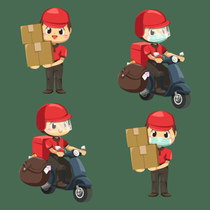 邮件送货员穿着制服 戴着帽子 带着包裹盒 步行骑着摩托车 用卡通人物 孤立的平面插图发给客户包裹箱摩托车邮递员
