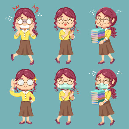 教室动画片中设置女教师情感角色和差异动作 孤立平面插画卡通黑板演讲