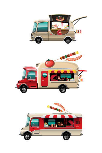模型捆绑食品车侧视图集烧烤柜台 酒吧-b-q和模型上的汽车顶部 白色背景 插图街道送货前面