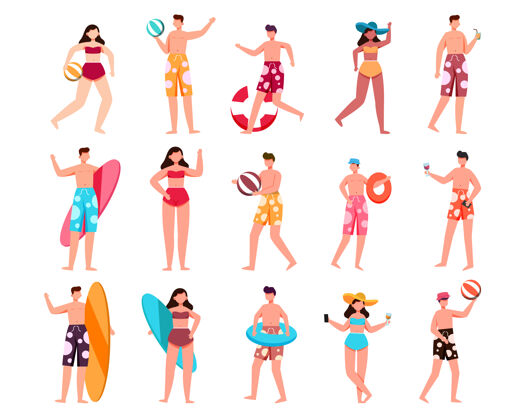 手势一捆15个男女角色穿着泳衣 摆着资产的姿势太阳镜游泳姿势
