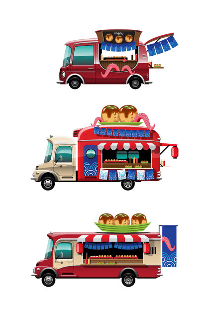 文化捆绑食品车与takoyaki商店日本小吃和模型上的汽车顶部 绘画风格的白色背景平面插图卡车美味汽车