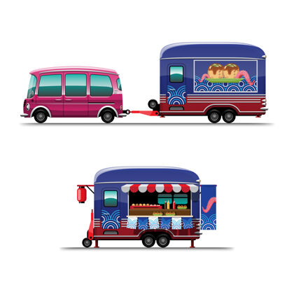 车辆集食品车与takoyaki店日本小吃与菜单板和椅子 绘画风格平面插图原创舞会日本