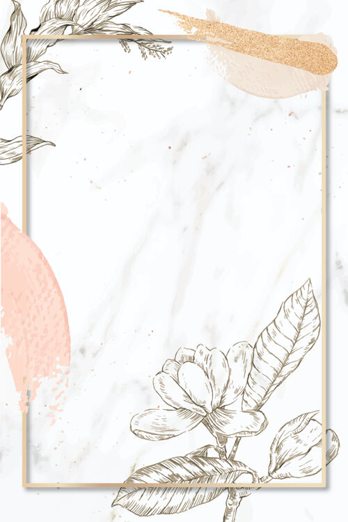 贺卡长方形框架与毛笔和轮廓花卉装饰大理石背景邀请空白标签