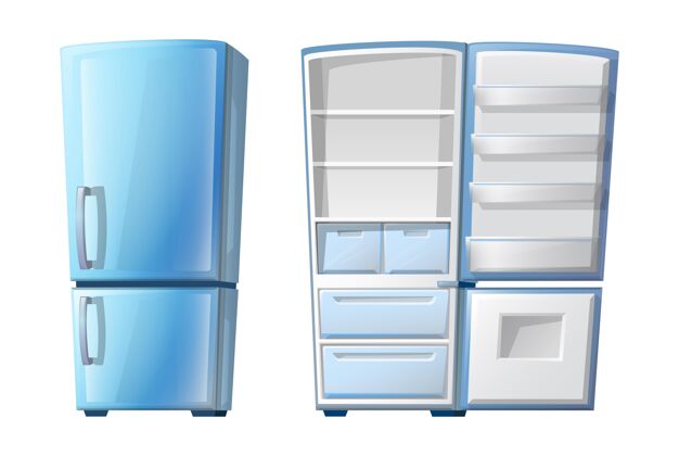 果汁卡通风格的封闭式和开放式冰箱与货架隔离金属厨房冰箱