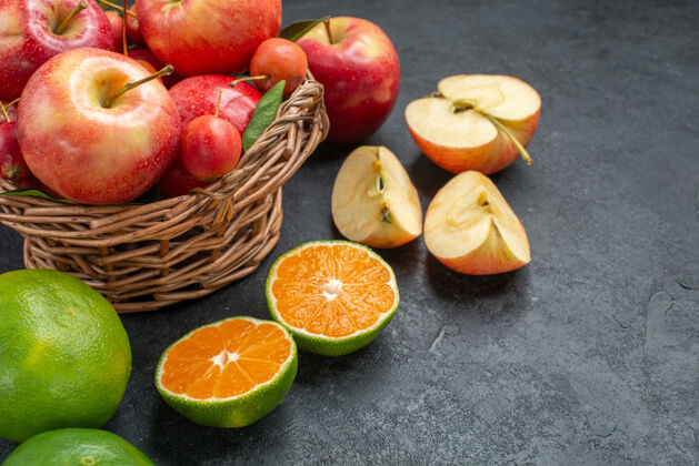 苹果侧面特写水果木篮苹果和樱桃柑橘类水果苹果食物篮子健康