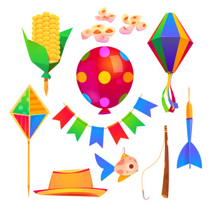 棒节日junina党卡通元素帽子 风筝 旗帜花环和鱼钩和鱼 气球 纸灯笼和飞镖与玉米棒 鲜花飞镖灯笼风筝