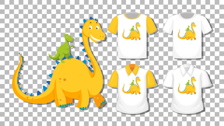 Short-sleeve恐龙卡通人物与一套不同的衬衫隔离在透明的背景ColorCollarSet