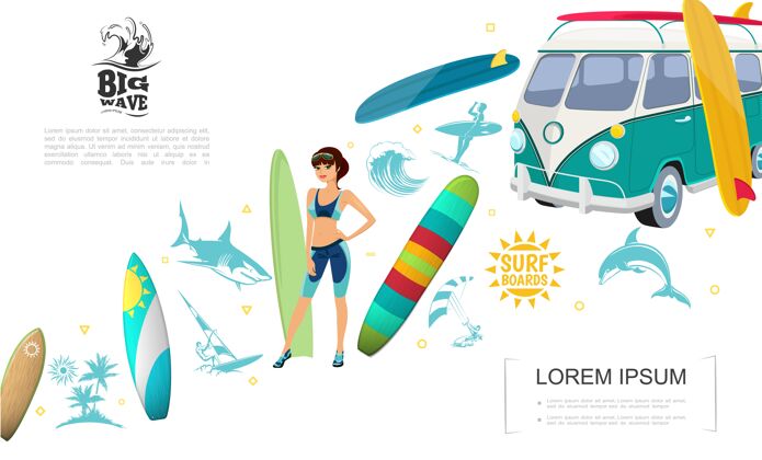 海豚丰富多彩的冲浪运动概念与冲浪女孩不同的冲浪板冲浪面包车海浪棕榈树太阳海豚鲨鱼男子帆板和风筝冲浪插图冲浪板概念运动