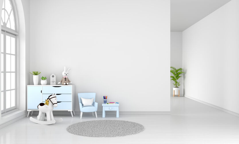 钟白色儿童房内的桌子和扶手椅 带复印空间地毯空白枕头