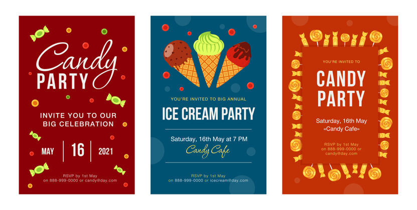 糖果带糖果和冰淇淋套装的派对邀请卡节日集现代