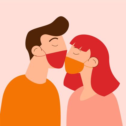 情平面情侣亲吻与covid面具插图二人平面人