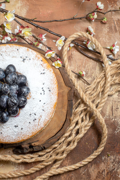 美食顶部特写视图一个蛋糕一个开胃的蛋糕旁边的绳索树枝黑葡萄水果蓝莓葡萄