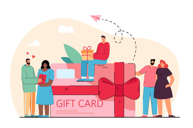促销小人物附近的巨型礼品卡券从商店平面插图人物客户礼物