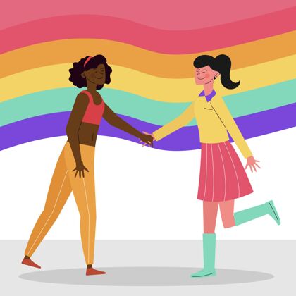 情侣女同性恋夫妇与lgbt旗插图女人同性恋关系