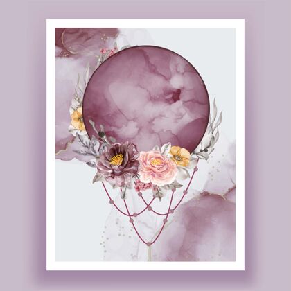 抽象水彩画满月紫粉色花玫瑰浪漫月光风景