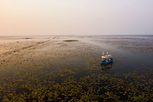 乌冬泰国莲花湖中一艘船的广角镜头池塘开花优雅