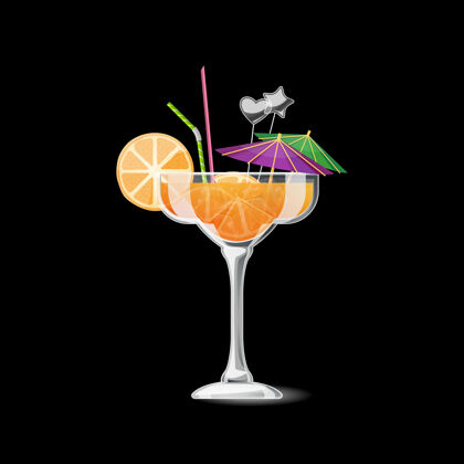 不寻常热带鸡尾酒隔离酒精饮料与橙色和稻草夏季鸡尾酒在玻璃插图新鲜透明稻草