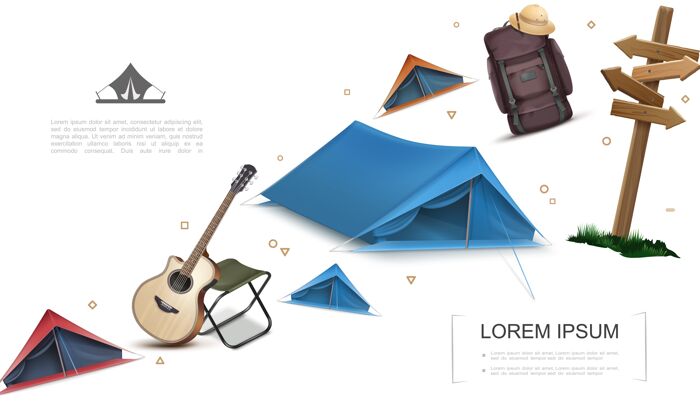 收集现实露营元素模板与帐篷木制招牌吉他椅子背包木髓帽设备帽子包