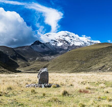 高厄瓜多尔的奇姆博拉佐火山在蓝天白云下环境田野草