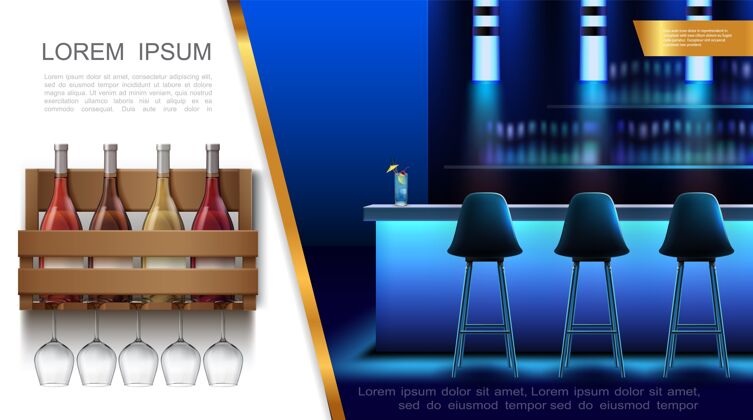室内现实的夜总会内部概念与酒吧椅子鸡尾酒柜台酒瓶在木箱和酒杯玻璃器皿柜台瓶子