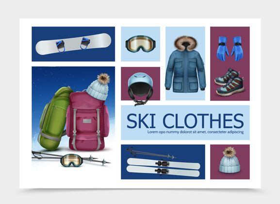 滑雪逼真的滑雪服和设备组成滑雪杆护目镜背包帽子头盔夹克运动鞋手套护目镜运动手套
