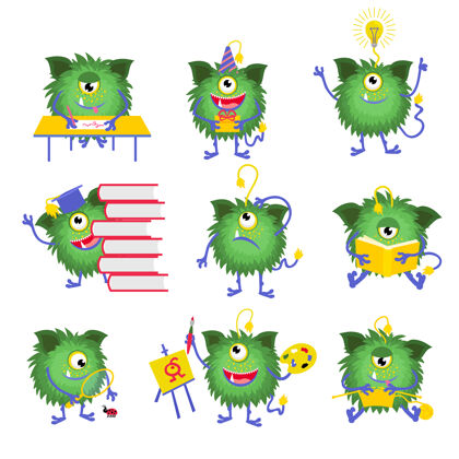桌子儿童教育怪兽性格与书籍插图怪兽阅读书籍和快乐的怪兽与一只眼睛编织收集帽子