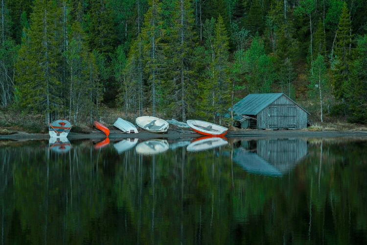 度假小木屋 旁边是平静的湖岸上的小船 前面是一片绿色的森林树休闲宁静