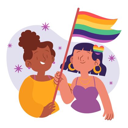 可爱美丽的同性恋夫妇与lgbt旗帜插图情侣国旗同性恋