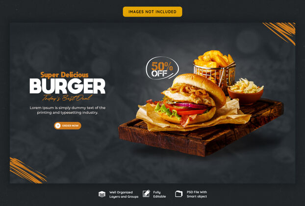 销售美味汉堡和食物菜单网页横幅模板美味食物炸鸡比萨饼