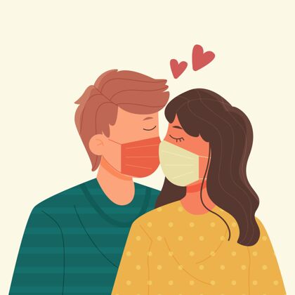 浪漫手绘情侣用covid面具接吻插图感情冠状病毒对