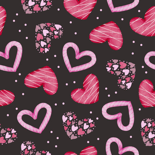 感情一套水彩无缝图案 以粉色和红色心形为黑色背景 孤立的水彩情人节概念元素可爱浪漫的红色心形为装饰 插画水彩食物粉色