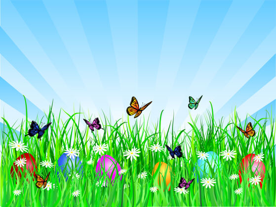 昆虫草地上有蝴蝶和复活节彩蛋的插图大自然彩蛋复活节