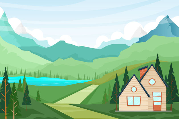 户外插画用自然景观的房子和松树的夏天乡村自然风光 山和湖景色五颜六色卡通
