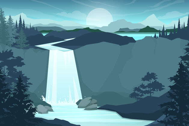 夜晚山间瀑布 岩石和水 池塘和湖泊 自然景观 卡通平面插画风格月亮场景树