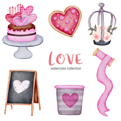 蛋糕套大孤立的水彩情人节概念元素可爱浪漫的红粉心形装饰 插画黑板油漆饼干