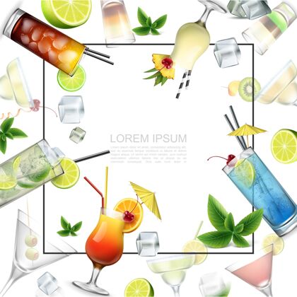 模板现实酒精饮料模板与文本框酒精鸡尾酒射击饮料薄荷叶冰块和水果片冰叶子酒精