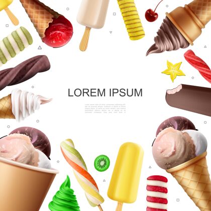 奶油逼真的彩色冰淇淋模板巧克力焦糖香草勺水果棒棒糖冰淇淋冰棒冰淇淋彩色勺子