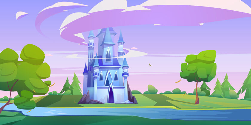 卡通绿草如茵 绿树成荫 河流环绕的神奇蓝色城堡魔法大厦全景