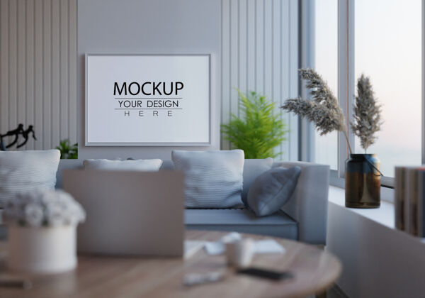 家具客厅模型中的海报框架三维渲染现代室内房子